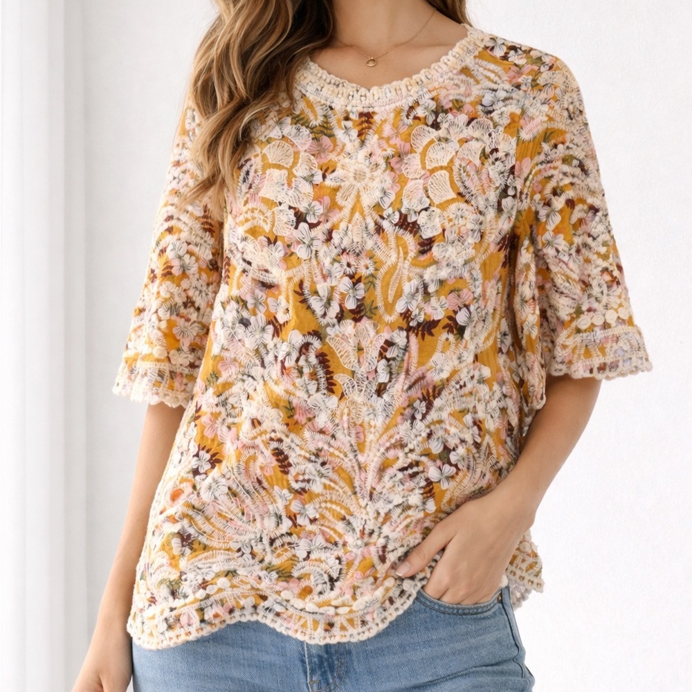 Anthropologie x Solitaire Floral Embroidered Scalloped Trim Blouse Medium